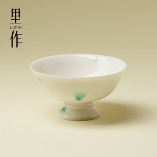 里作白釉绿彩高足茶杯景德镇创意手工茶盏高脚杯手绘陶瓷功夫茶具