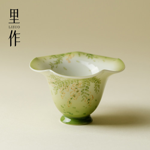 里作渐变绿手绘紫藤花口茶杯高端陶瓷粉彩主人杯高颜值品茗杯单杯