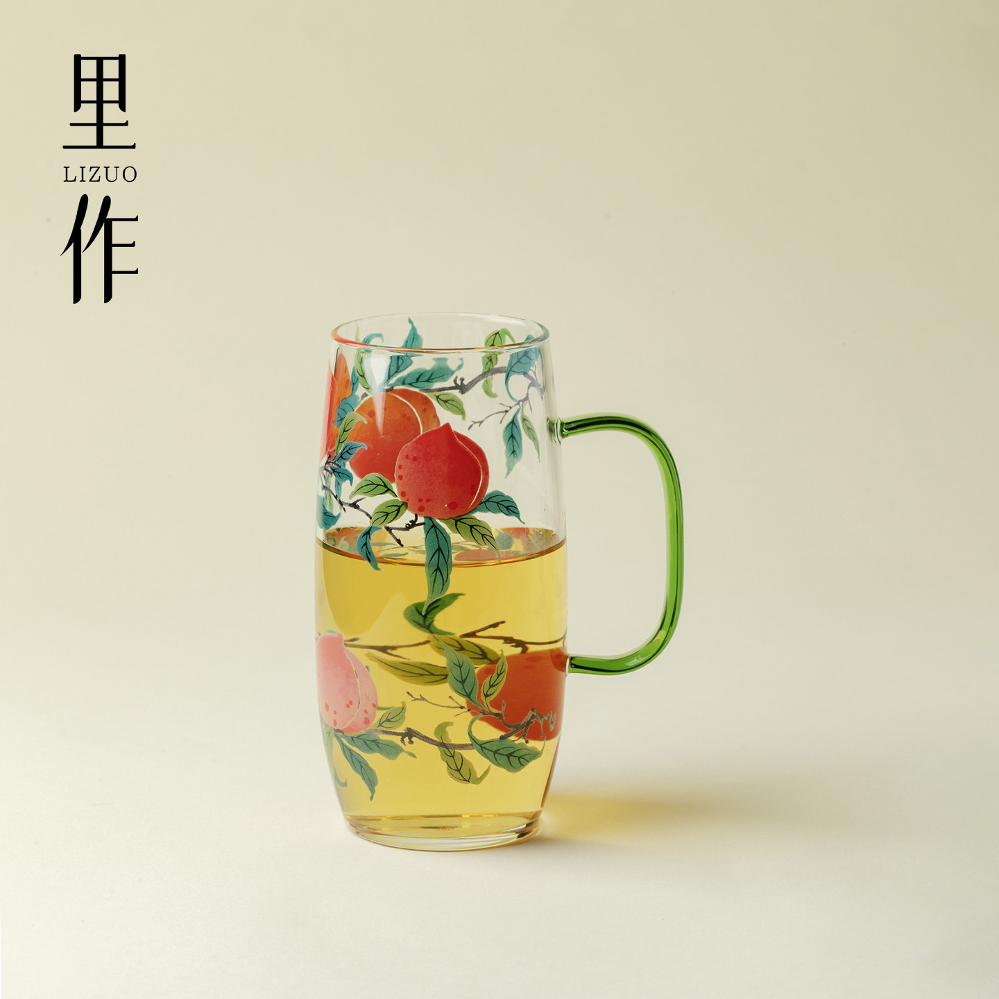 里作 小清新玻璃马克杯福满仙桃茶杯大容量透明手把杯办公杯水杯