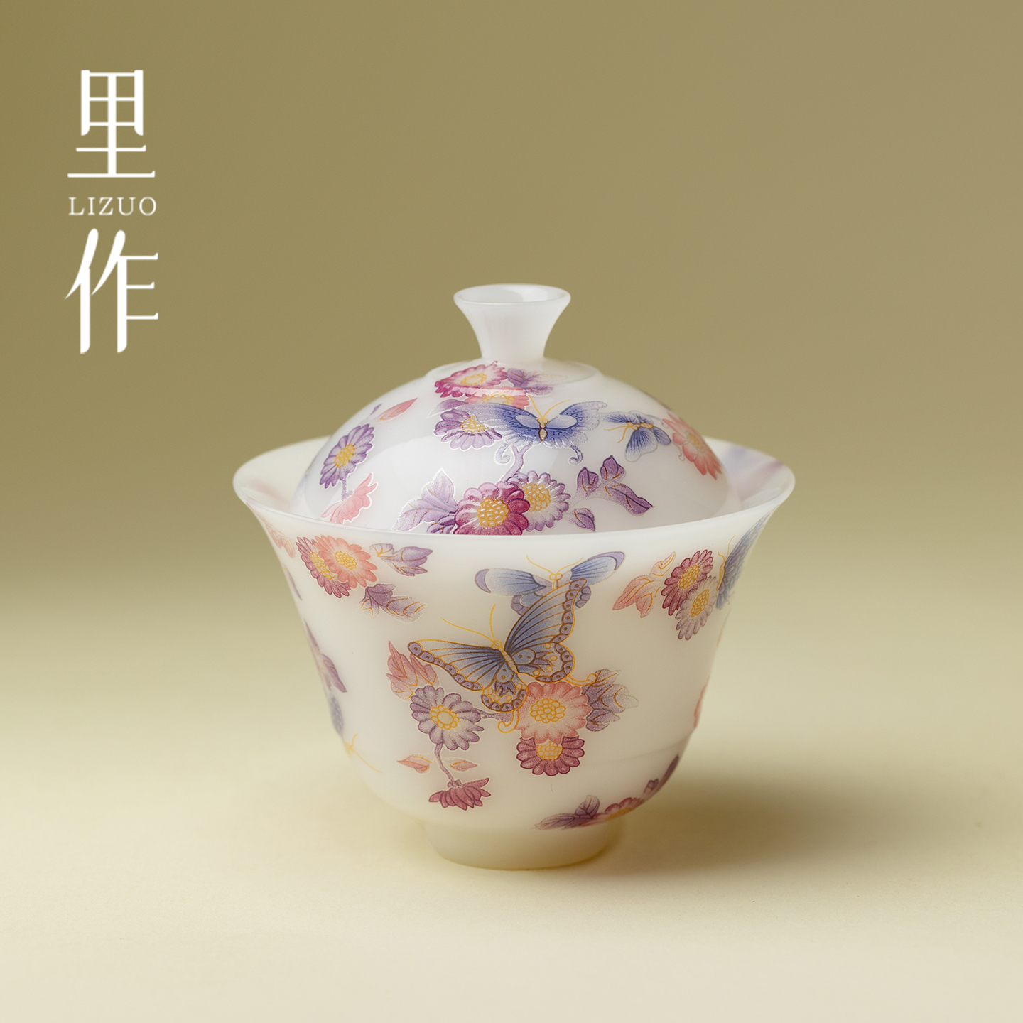 里作冰种玉瓷撇口盖碗高档蝶戏繁花璞玉白瓷薄胎不烫手泡茶碗茶器