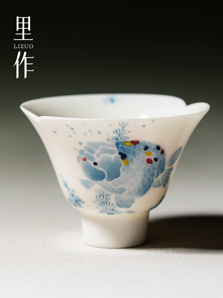 李左景德镇青花手绘大头鱼花口茶杯高值手工茶杯功夫茶套装单杯