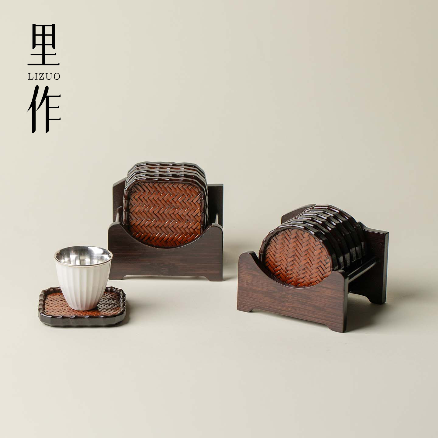 里作 手工实木杯垫套组中式复古隔热垫楠竹竹编茶道配件茶杯底托