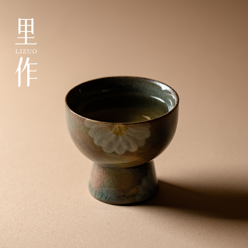 里作 日式禅意冰片釉手绘雏菊高足杯茶杯功夫茶具个人专用主人杯