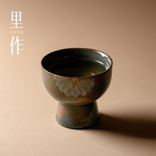 日式 里作 禅意冰片釉手绘雏菊高足杯茶杯功夫茶具个人专用主人杯