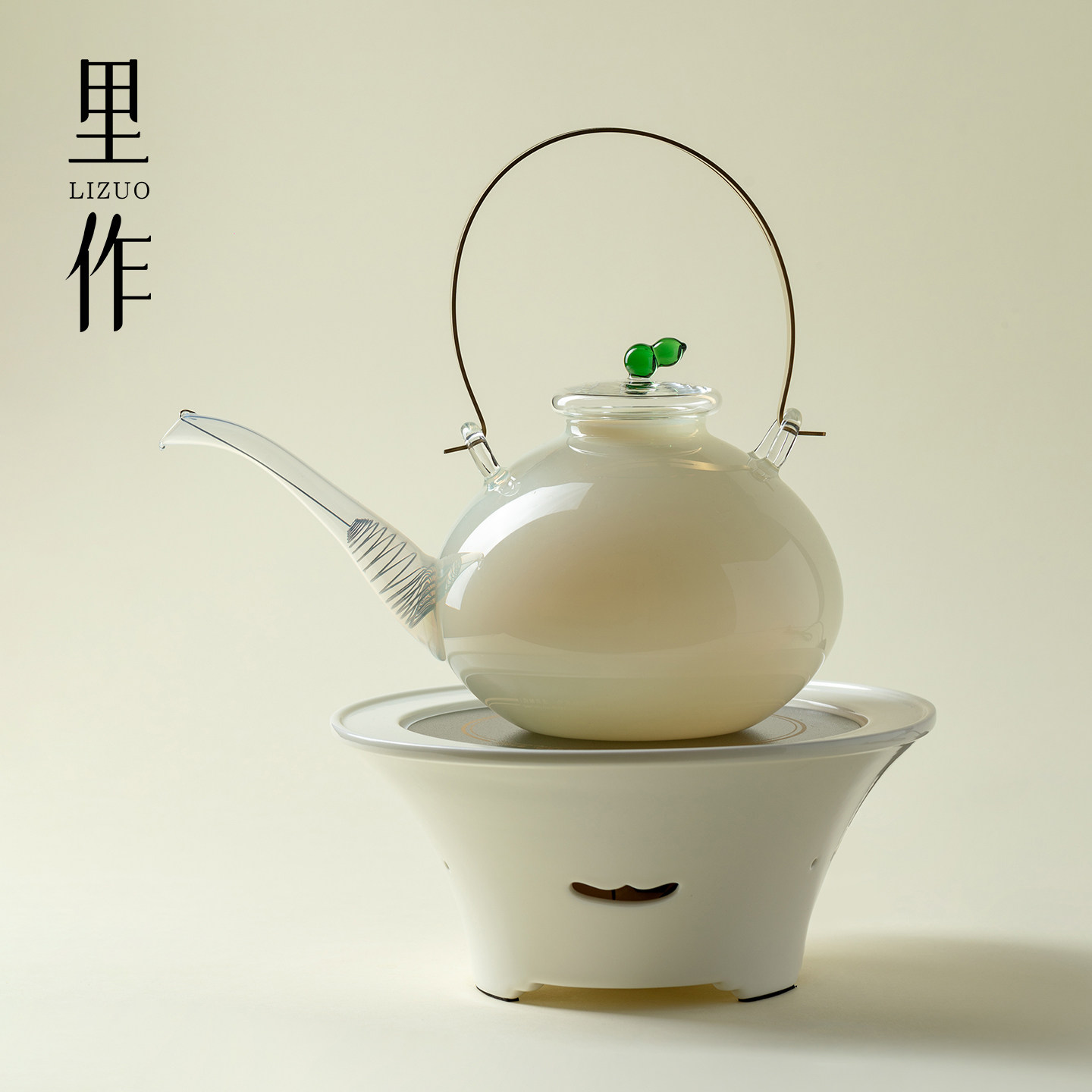 里作极简白电陶炉煮茶套装整套高端家用日式冰玉玻璃铜提梁烧水壶