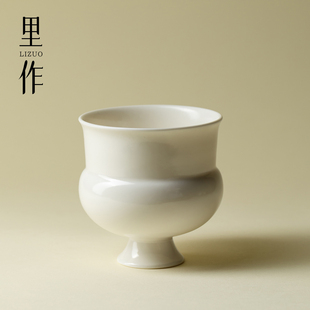 里作哑光白高足宋式腰鼓杯全手工陶瓷高脚杯  中式茶杯酒杯咖啡杯