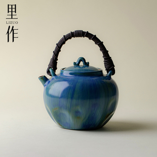 日式 里作 粗陶手工藤编煮茶壶高端官绿釉窑变烧水壶电陶炉煮茶器