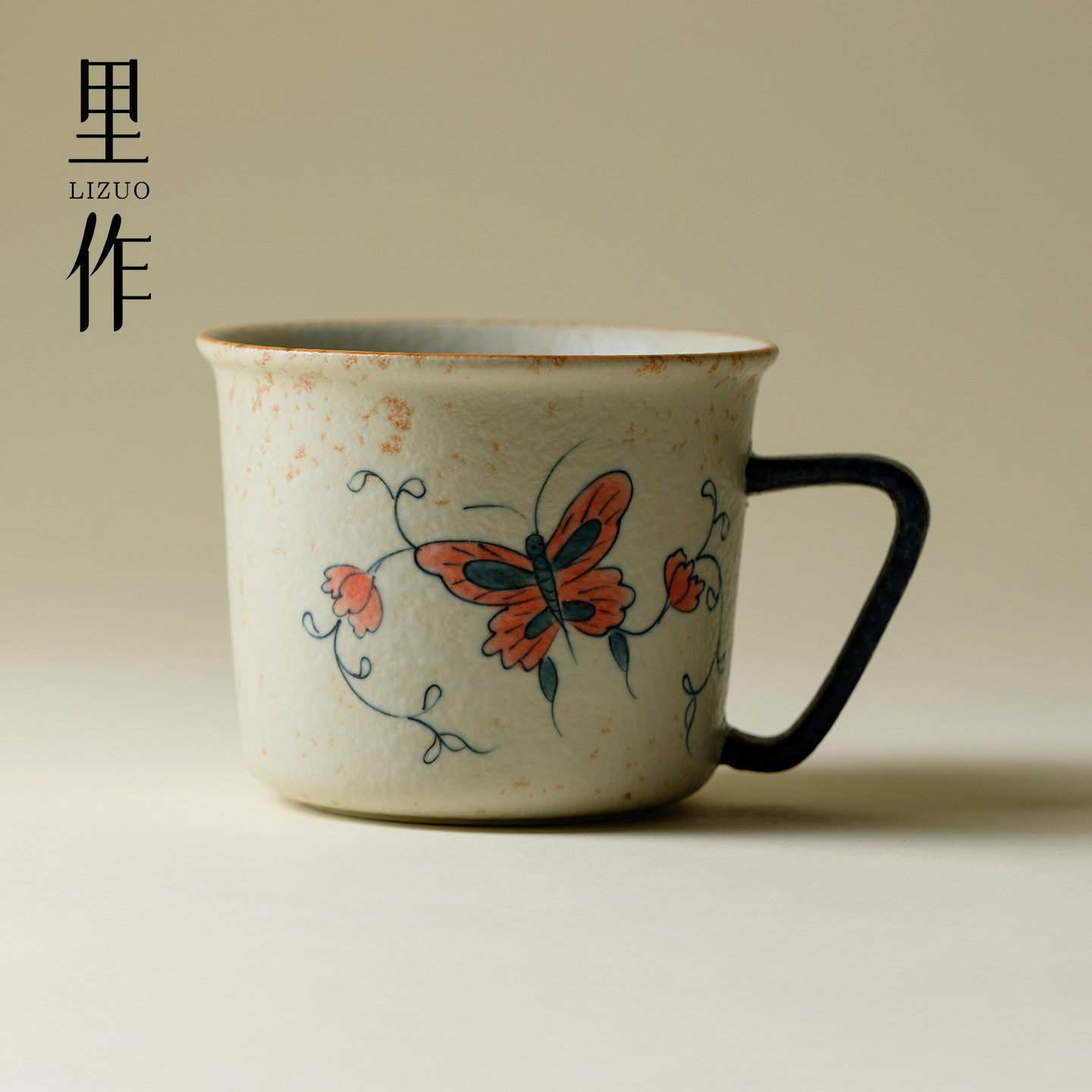 里作 青花火石手绘蝶恋花咖啡杯复古马克杯家用办公室喝茶杯水杯