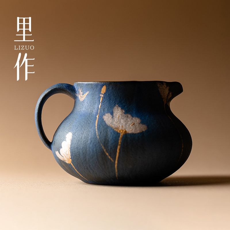 里作 克莱因蓝错金银彩公道杯日式纯手工粗陶手绘分茶器高端茶海