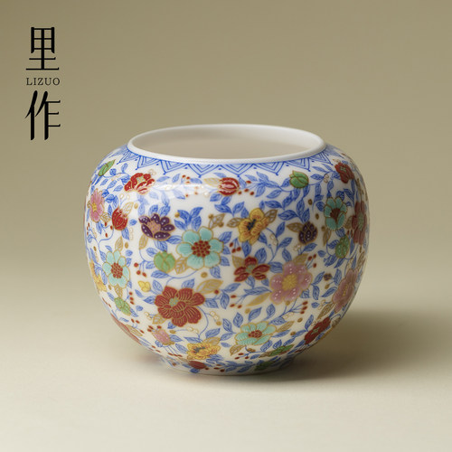 里作 青花斗彩万花建水高颜值陶瓷粉彩水盂茶具精致茶洗茶道配件