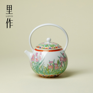 里作 春枝水仙提梁壶中式创意手工陶瓷茶壶高档功夫茶具粉彩茶器