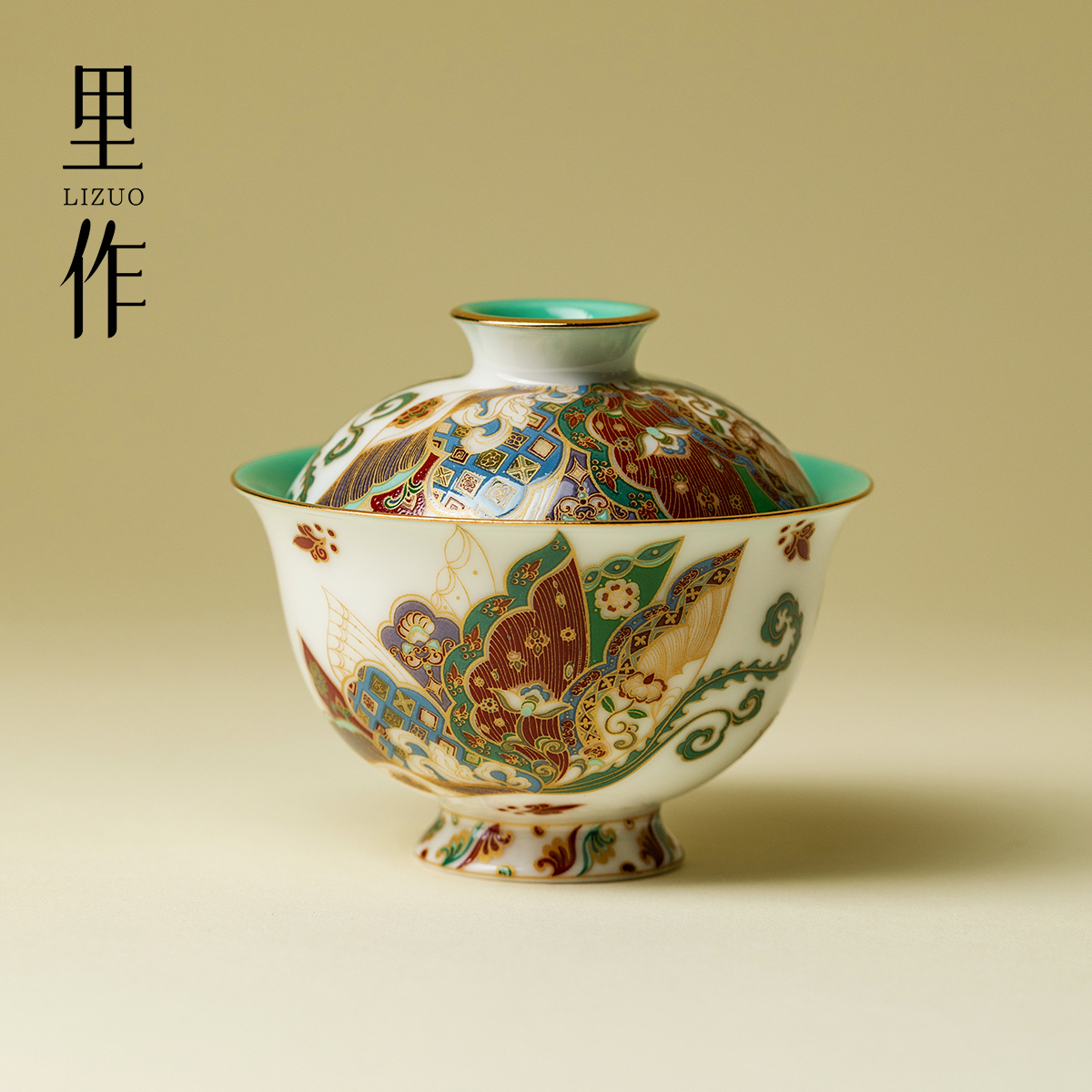 里作绮彩蝶舞描金满腹盖碗