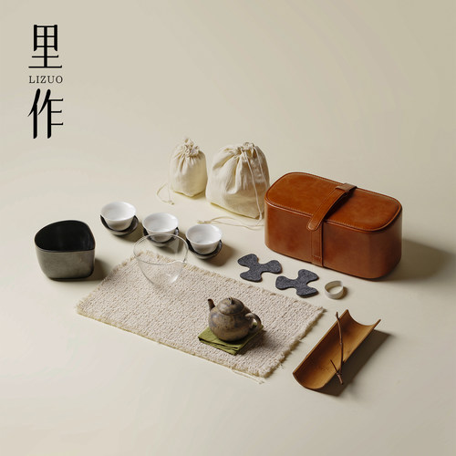 里作粗陶茶壶旅行茶具套装便携式户外露营皮革收纳安藤雅信小茶箱