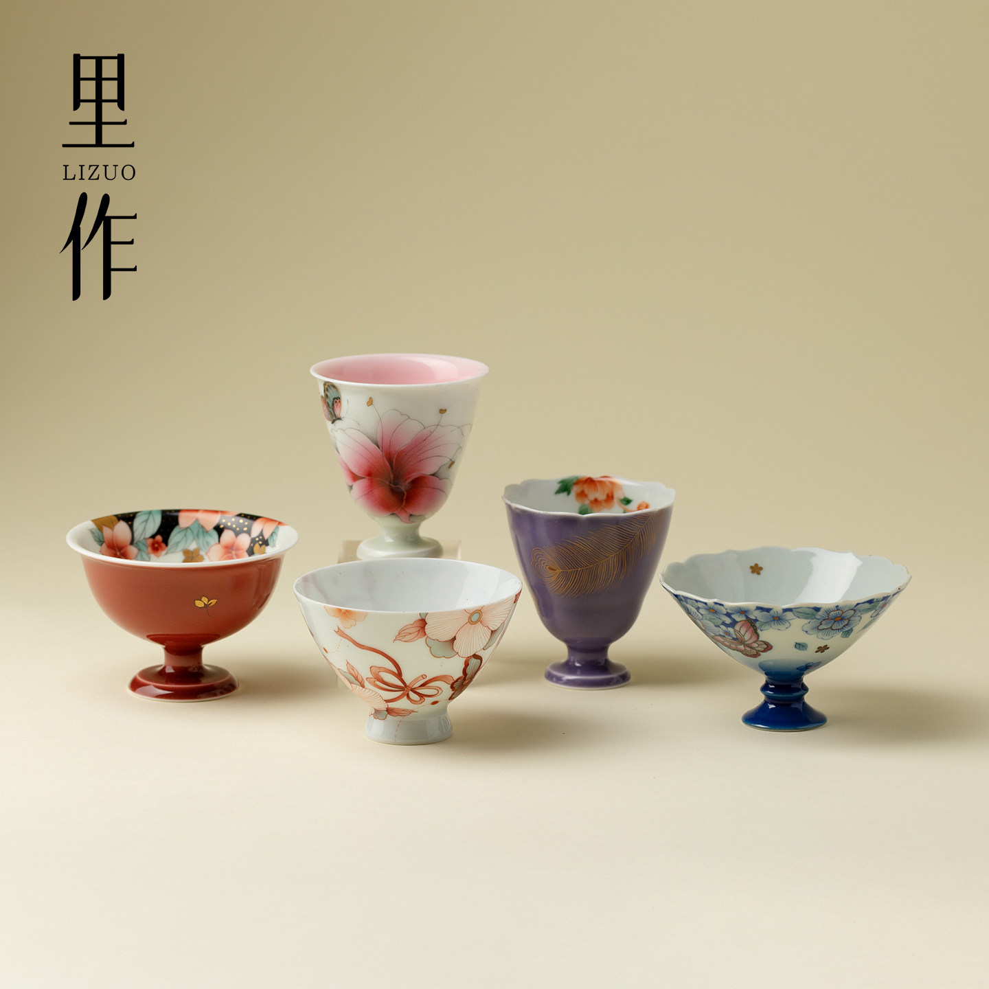 里作 三秋月创意手绘茶杯景德镇全手工粉彩高足主人杯高端品茗杯