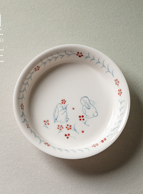 里作 高档玉瓷手绘萌兔圆形壶承陶瓷功夫茶具干泡盘茶壶盖碗茶托