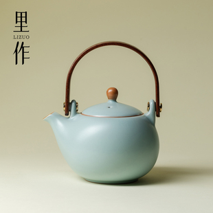 里作 天青色汝窑开片提梁壶全手工陶瓷茶壶高端家用功夫茶具单壶