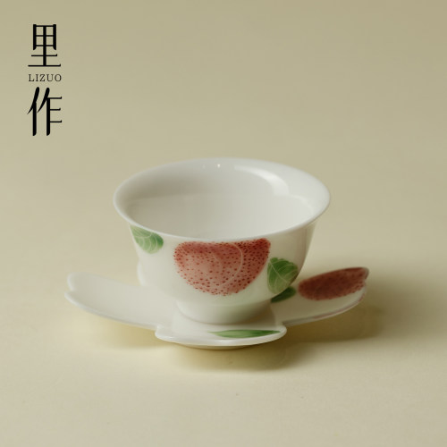 里作 长安的荔枝茶杯杯垫套杯整套釉下彩手绘品茗杯功夫茶具单杯