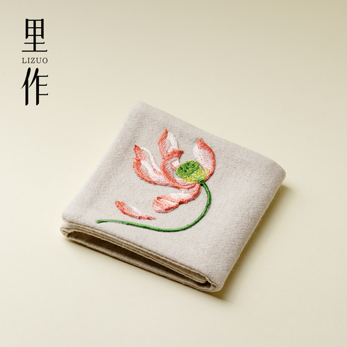里作刺绣荷花棉麻吸水茶巾抹布茶桌布茶布防烫加厚养壶巾茶道配件