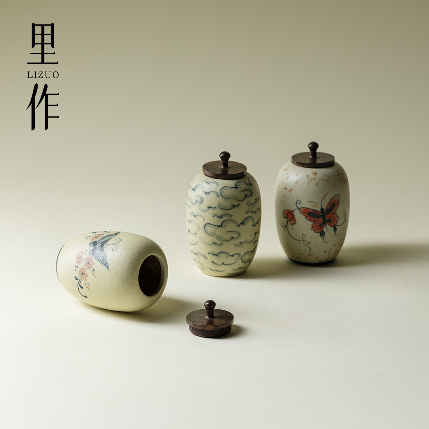 里作青花火石手绘祥云茶叶罐陶瓷密封罐便携小号迷你小茶罐储存罐