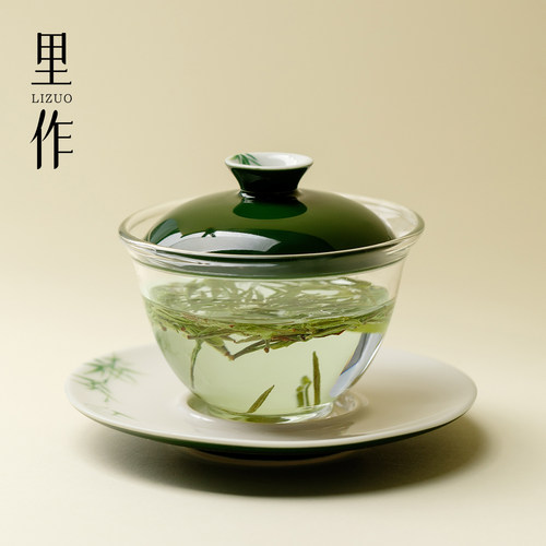 里作 竹叶绿玻璃手绘三才盖碗高端创意透明泡茶碗功夫茶具敬茶碗