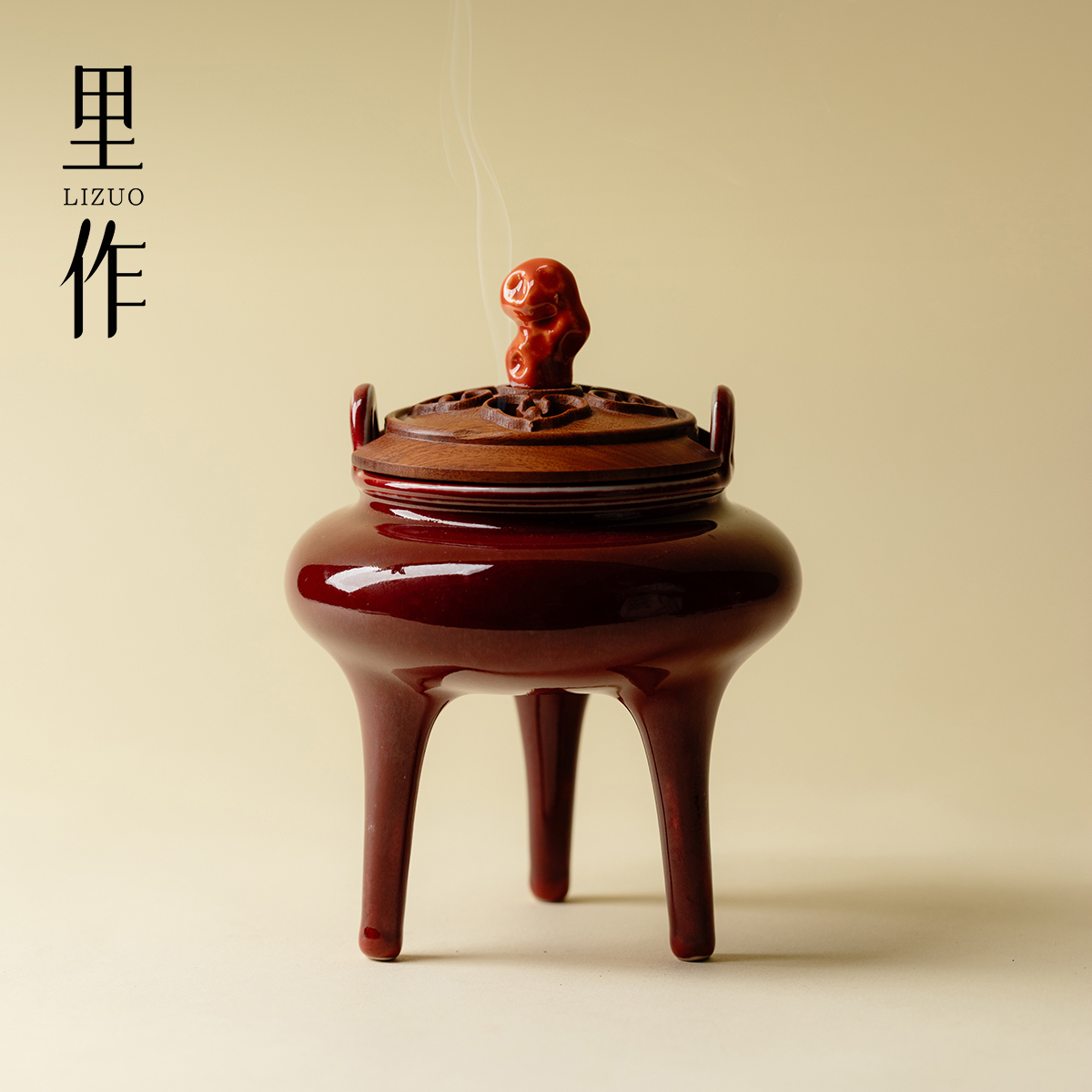 里作 豇豆红三足香炉中式复古香薰炉创意高档陶瓷盘香炉打香篆炉