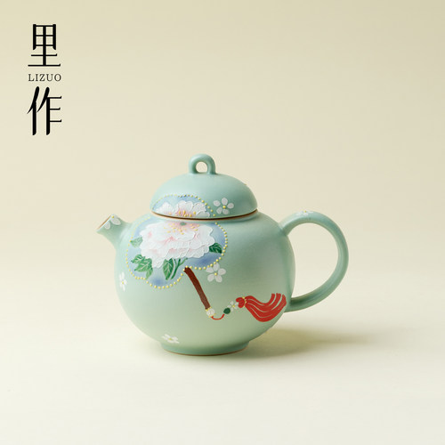 里作 手绘浅青开窗牡丹圆肚茶壶高端陶瓷泡茶壶家用功夫茶具单壶