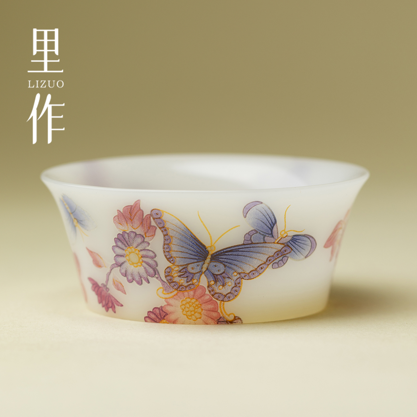 里作蝶戏繁花主人杯高档冰种玉瓷璞玉白瓷品茗杯创意手工单杯茶杯