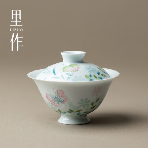 里作 手绘灵影飘韵花口盖碗薄胎釉下彩粉彩沏茶碗泡茶碗功夫茶具