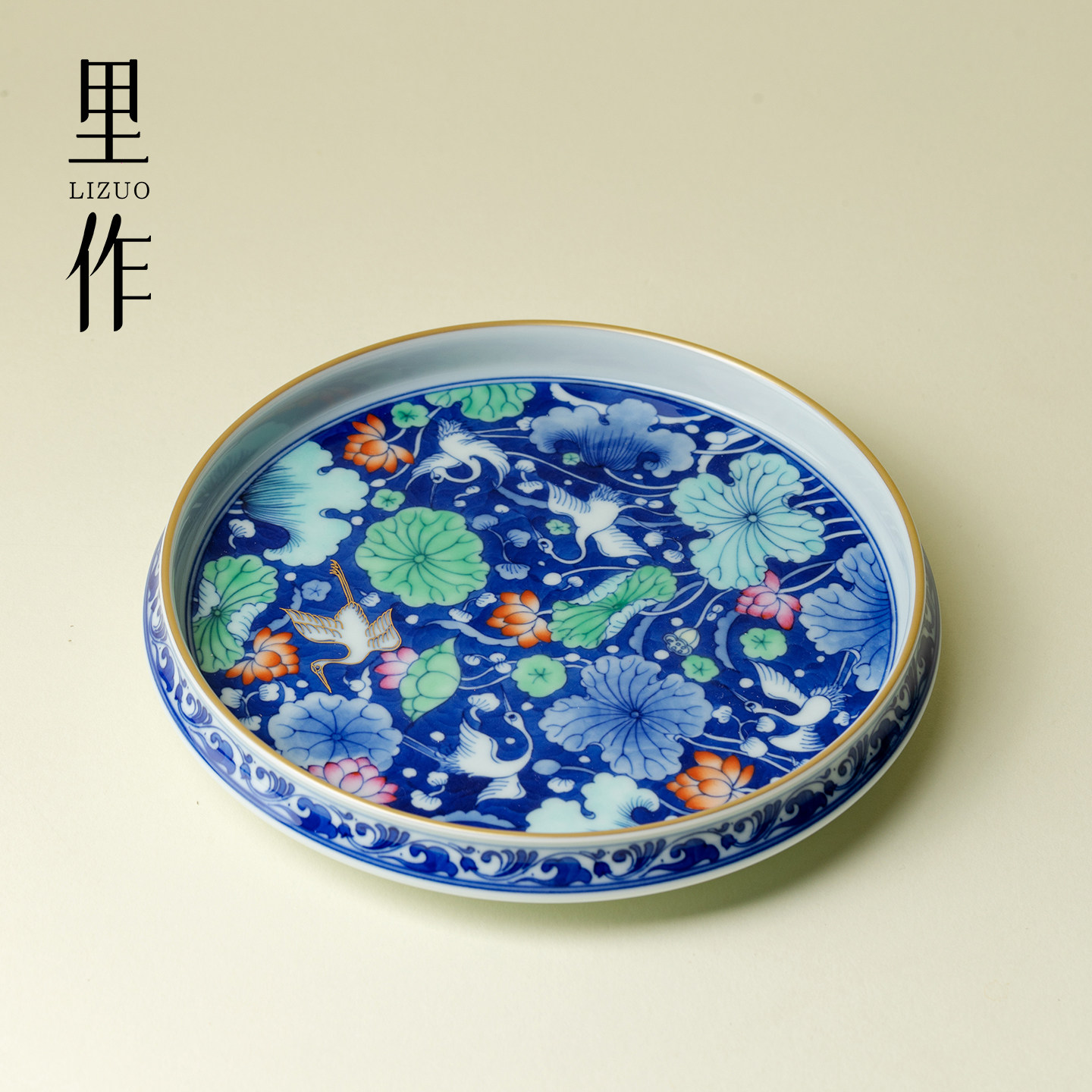 卓君 青花手绘蓝地一鹭莲科壶承景德镇手工陶瓷干泡茶盘斗彩茶台