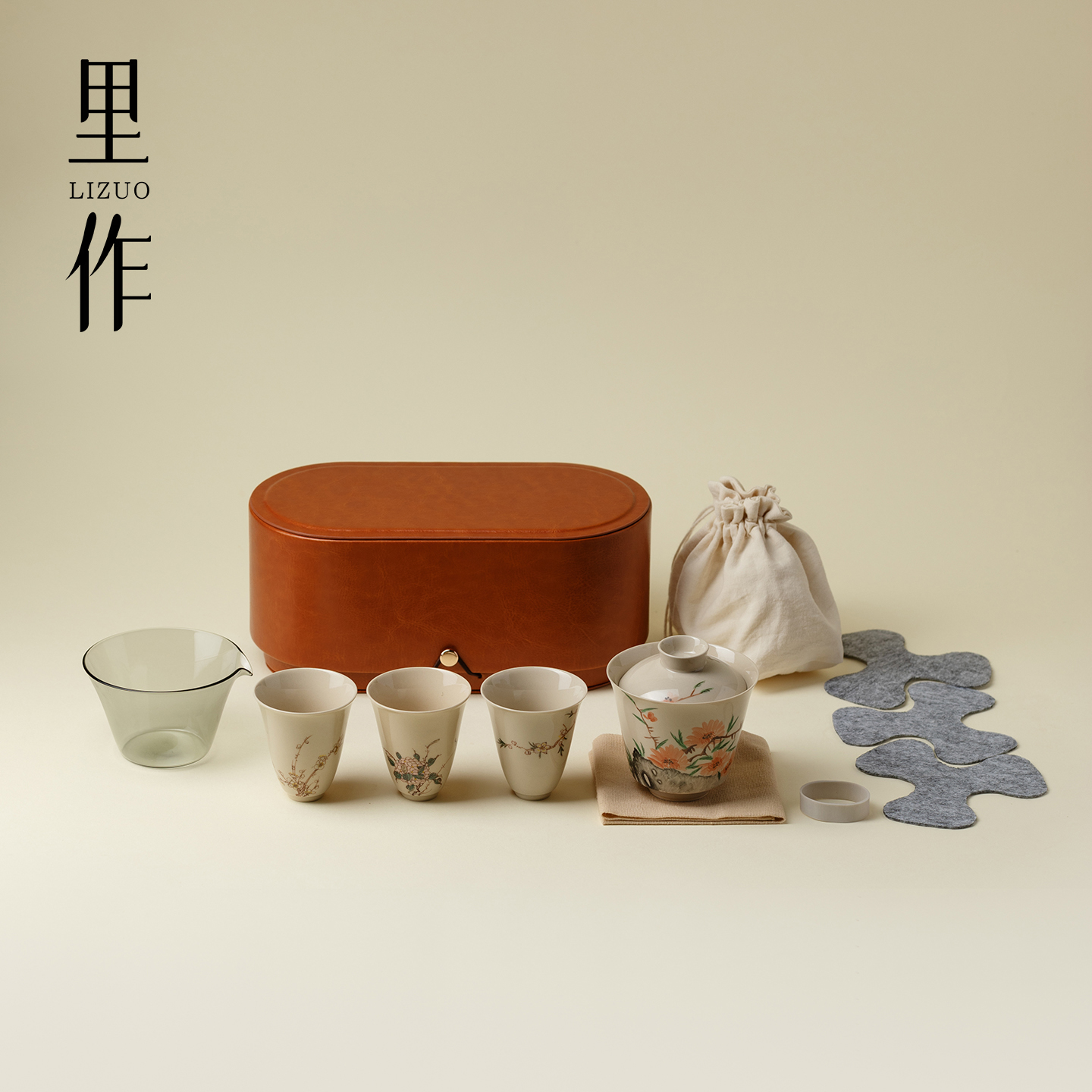 里作草木灰手绘盖碗茶杯旅行茶具整套便携式皮革收纳功夫茶具套装