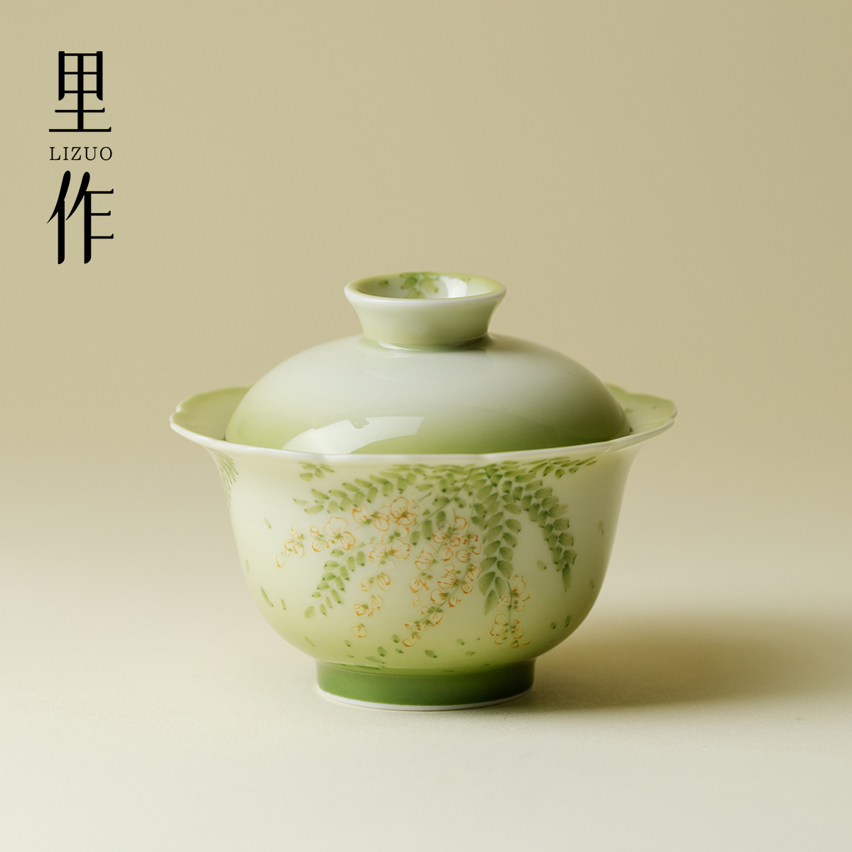 里作渐变绿粉彩手绘紫藤二才盖碗精致高颜值女士泡茶碗茶具敬茶碗