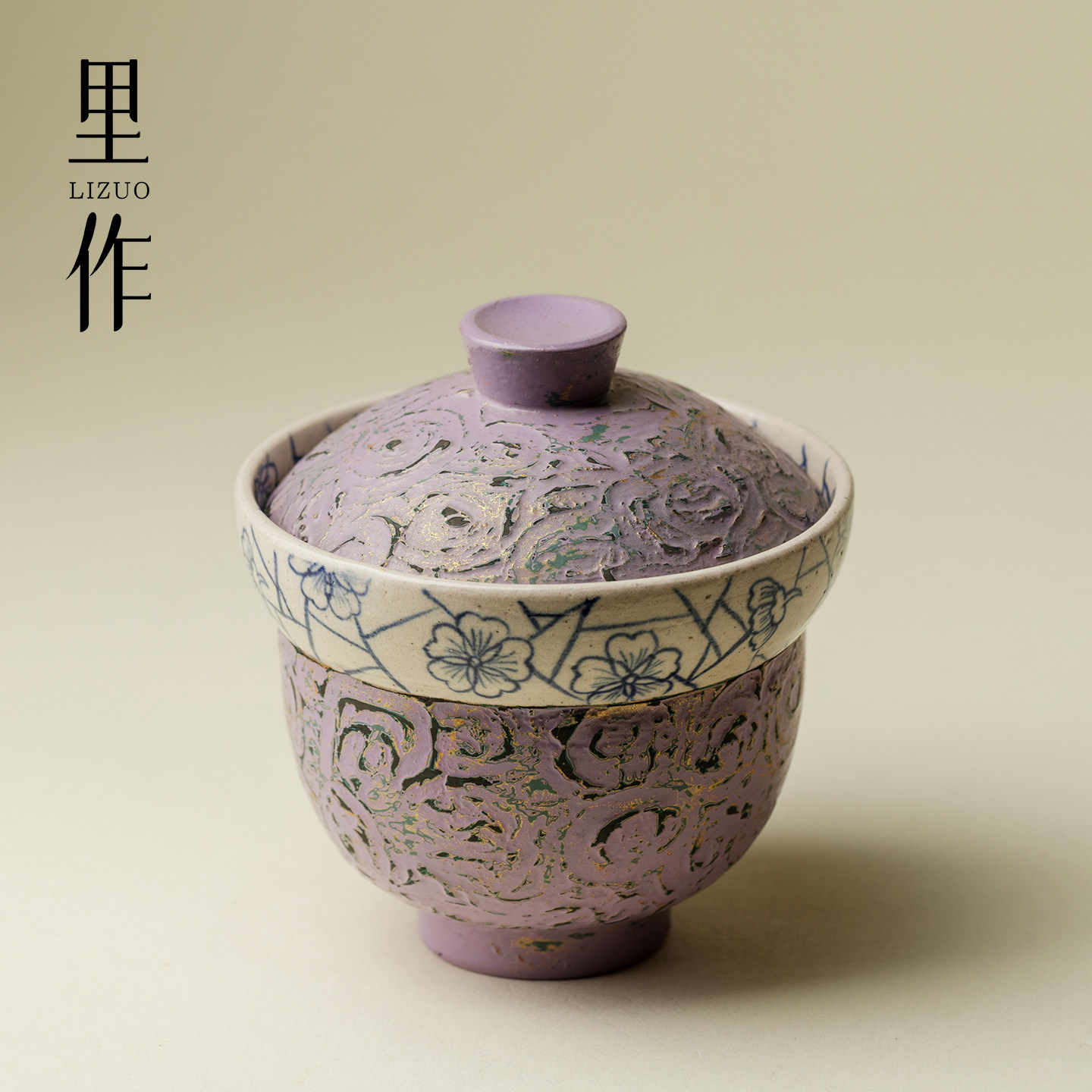 里作 青花冰梅纹犀皮漆盖碗粗陶功夫茶具泡茶碗薄胎不烫手敬茶碗