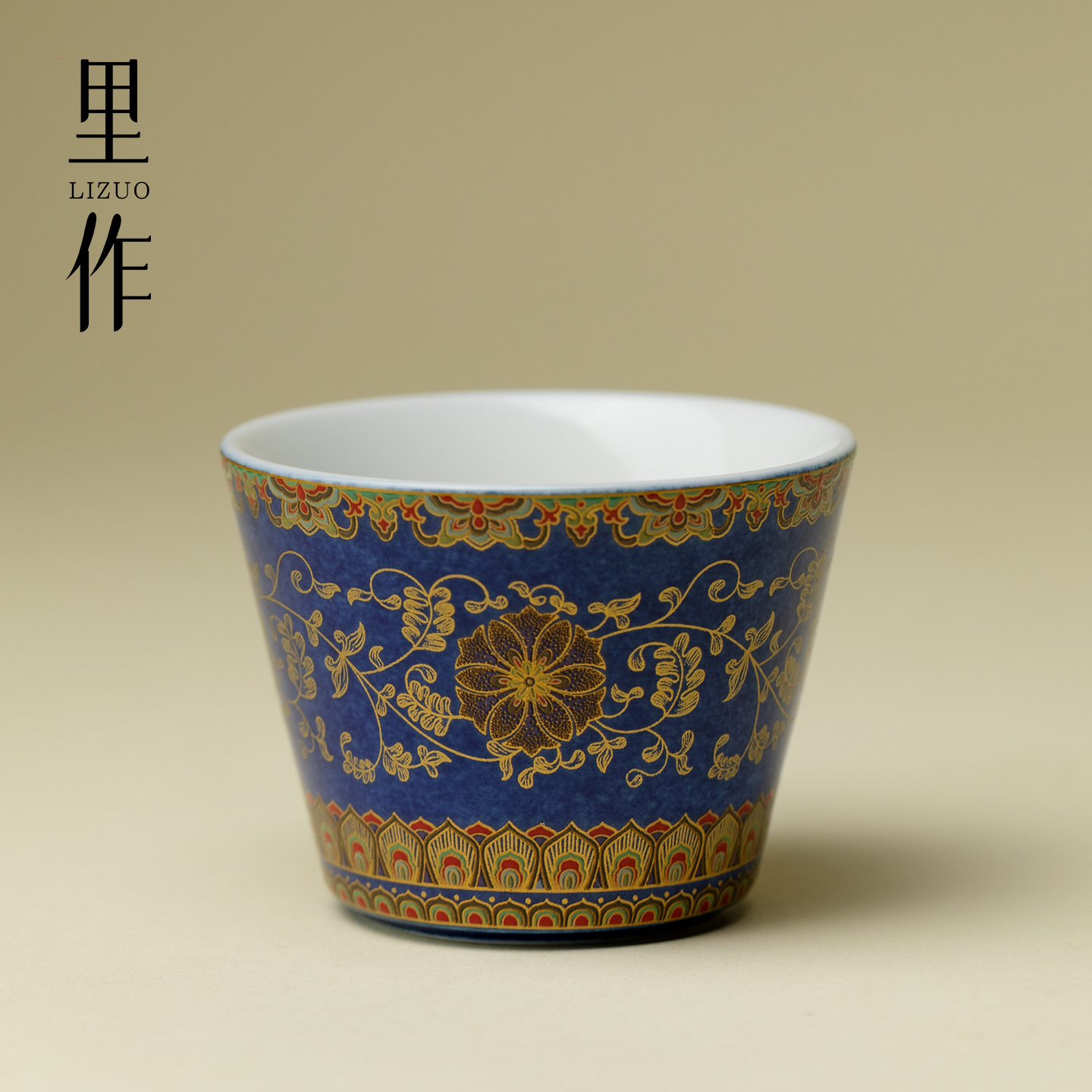 里作 手工洒蓝金彩缠枝莲茶杯高端陶瓷精致品茗杯创意单杯主人杯