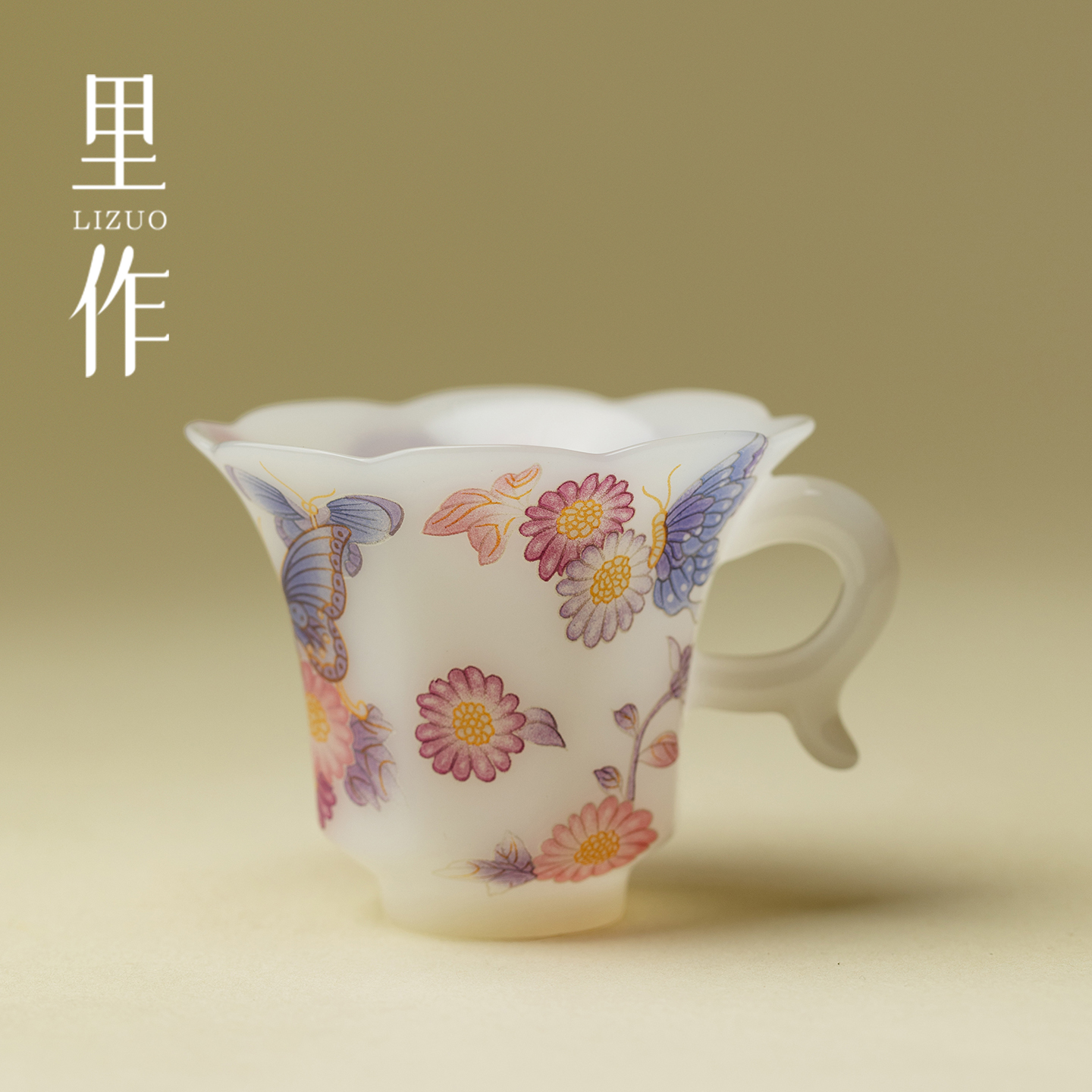 里作 蝶戏繁花茶杯带把不烫手冰种玉瓷品名杯高档璞玉白瓷主人杯