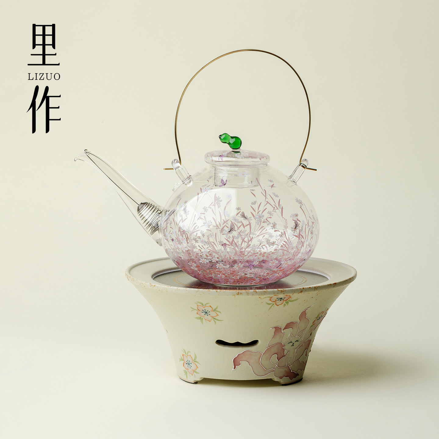 里作火石红手绘九尾狐电陶炉煮茶壶套装家用高硼硅玻璃透明烧水壶