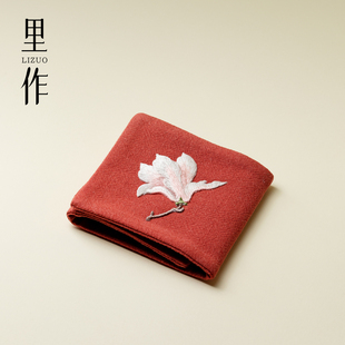 里作 刺绣玉兰花棉麻吸水茶巾中式茶桌布抹布加厚养壶巾茶道配件