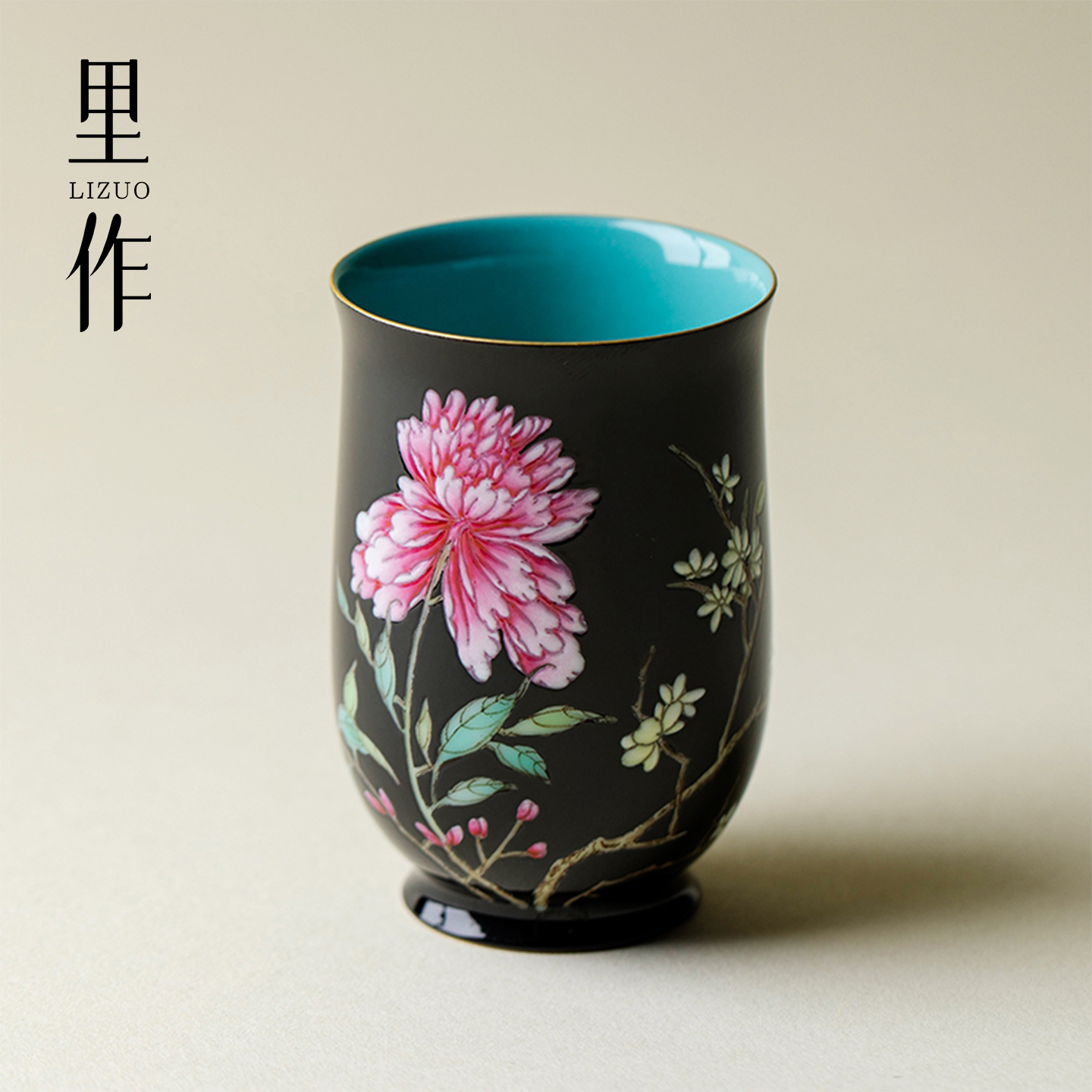 雅同集黑地粉彩手绘牡丹花描金主人杯景德镇全纯手工高端茶杯茶具