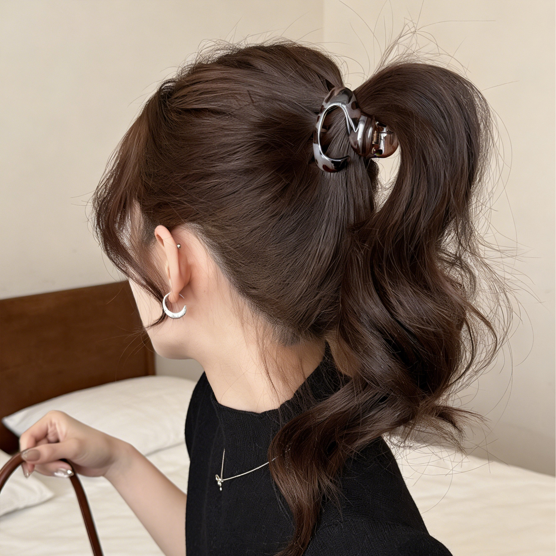 豹纹小号南瓜抓夹后脑勺半扎发夹高马尾夹发量少显发量气质鲨鱼夹