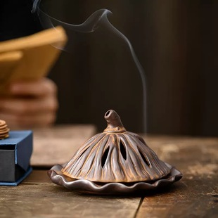 仿古荷叶带盖盘香家用香薰炉茶道摆件 德化手工陶瓷莲蓬香炉中式