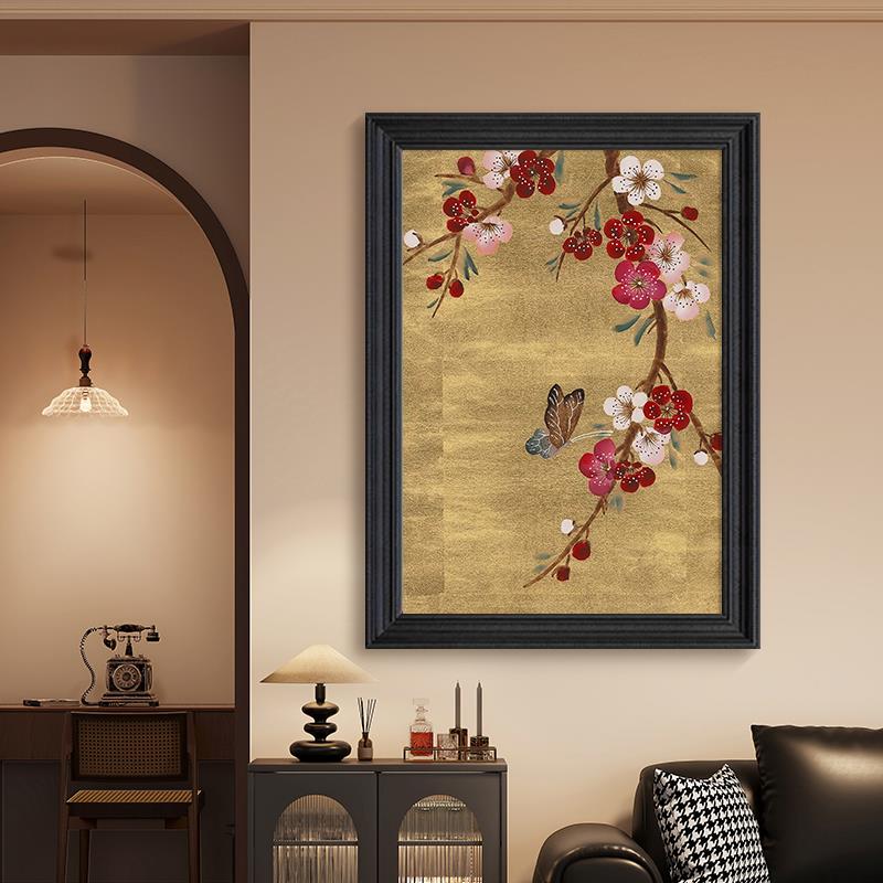 新中式入户玄关梅花蝴蝶装饰画客厅卧室挂画中古风背景墙手绘油画图片