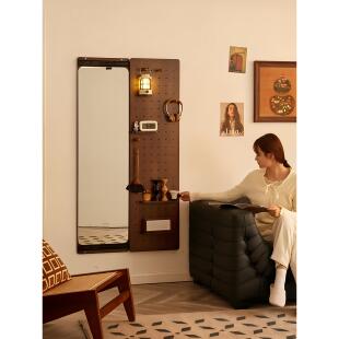 实木洞洞板穿衣镜沙发边置物架壁挂墙面入户玄关隐藏式推拉全身镜