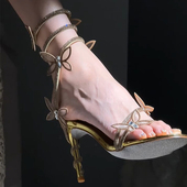 欧美RC露趾水钻金色水钻蝴蝶蛇形缠绕凉鞋 仙女风一字带细跟高跟鞋