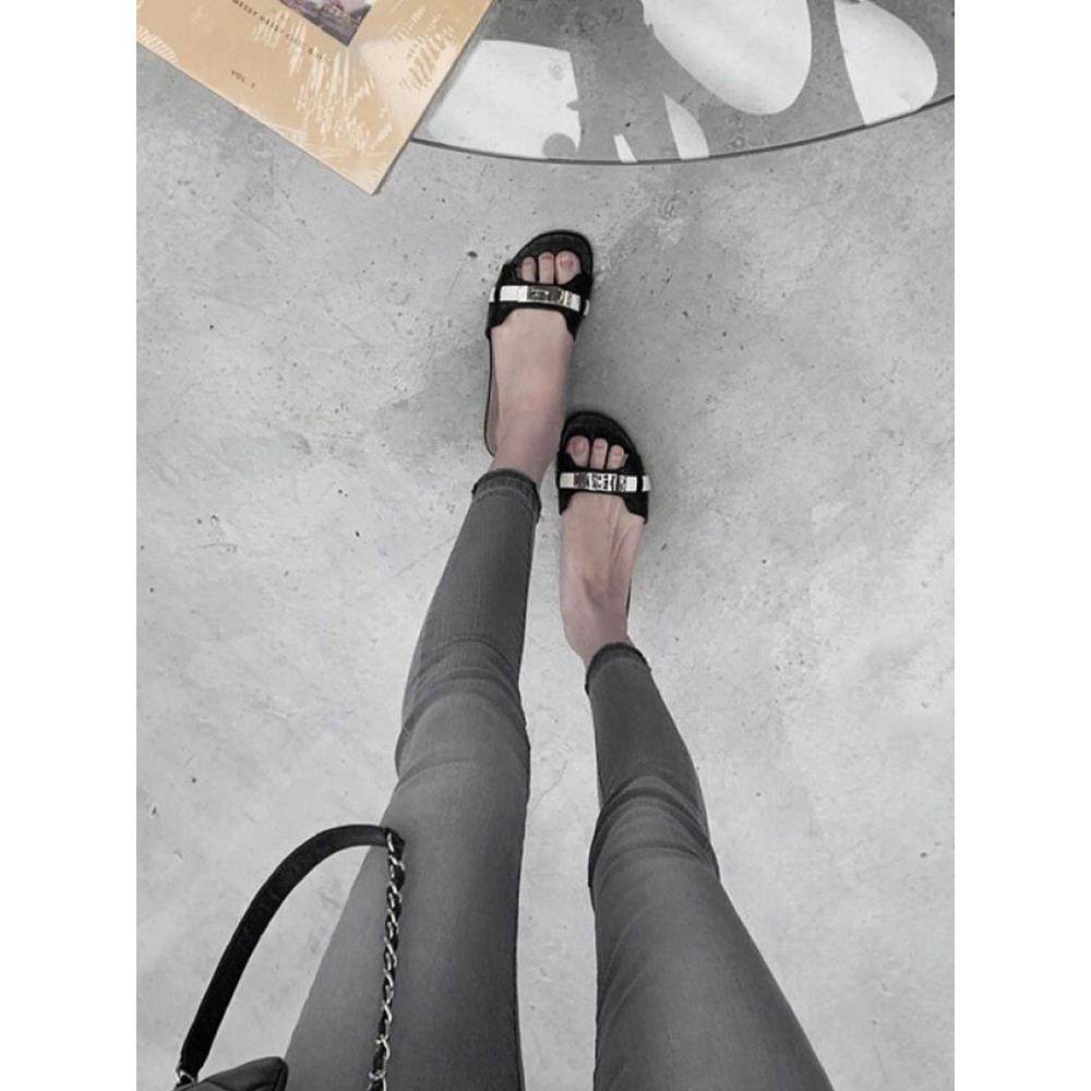 韩版新款露趾锁扣鳄鱼纹真皮平底一字拖女夏外穿休闲半拖鞋凉拖鞋,女鞋,一字拖,淘宝优惠券,粉丝福利购,淘宝优惠卷