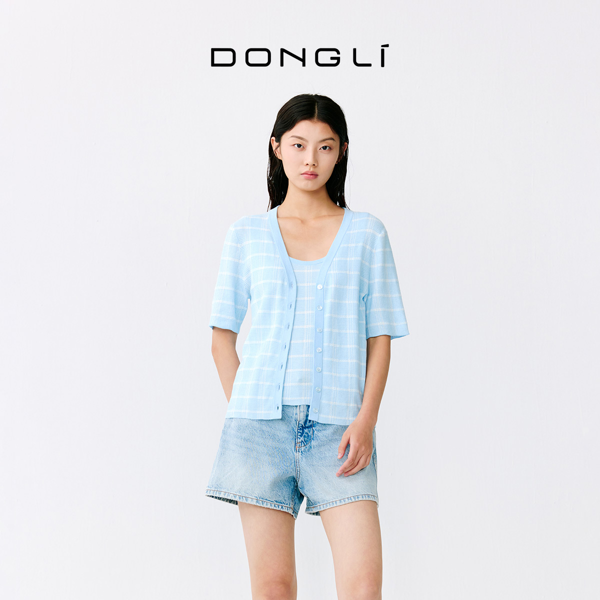 东黎海岛棉V领格纹开衫短袖