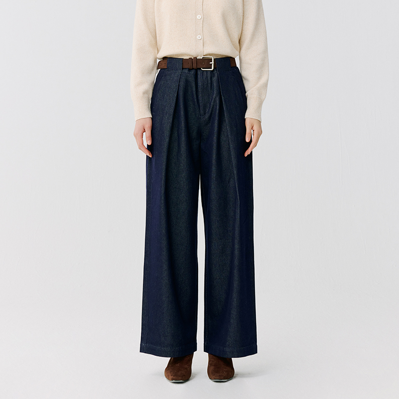 东黎打褶显瘦女士高腰牛仔裤