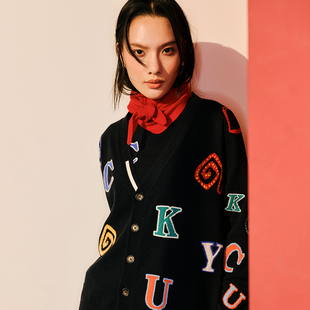 卡通ADF提花小蛇慵懒开衫 女士秋冬大V领宽松时尚 100%山羊绒 东黎