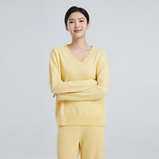 东黎 女士春秋针织蕾丝边V领羊绒衫 宽松纯色休闲长袖 100纯山羊绒