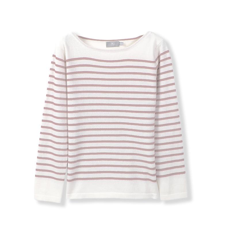 东黎 100%山羊绒 女士针织条纹宽肩圆领长袖羊绒衫百搭撞色3254