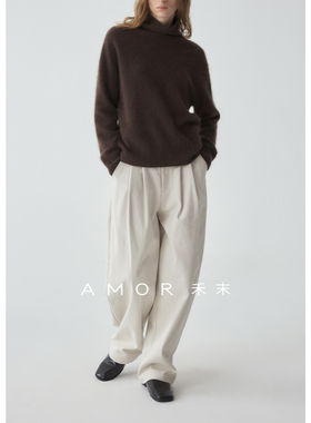 AMOR禾末 “松弛裤” 加厚磨毛极简阔腿半松紧叠褶腰弯刀休闲裤子