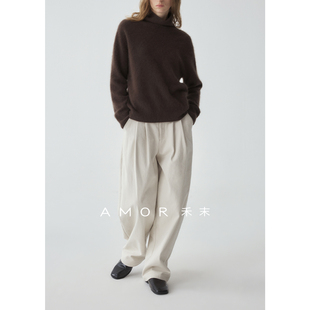 子 加厚磨毛极简阔腿半松紧叠褶腰弯刀休闲裤 AMOR禾末 松弛裤